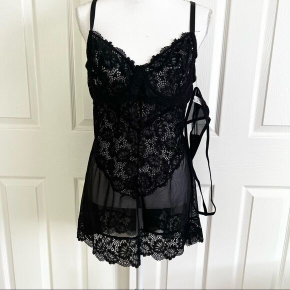 NEW Oh La La Cheri Page Underwire Babydoll Chemise & G-String Thong Black 1X - Picture 3 of 11